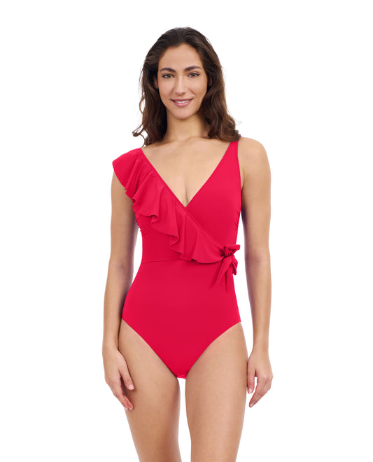 Front View Of Profile By Gottex Tutti Frutti V-Neck Surplice Ruffle One Piece Swimsuit | Profile Tutti Frutti Rose Red