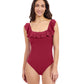 Front View Of Profile By Gottex Tutti Frutti Square Neck Ruffle One Piece Swimsuit | Profile Tutti Frutti Rose Red