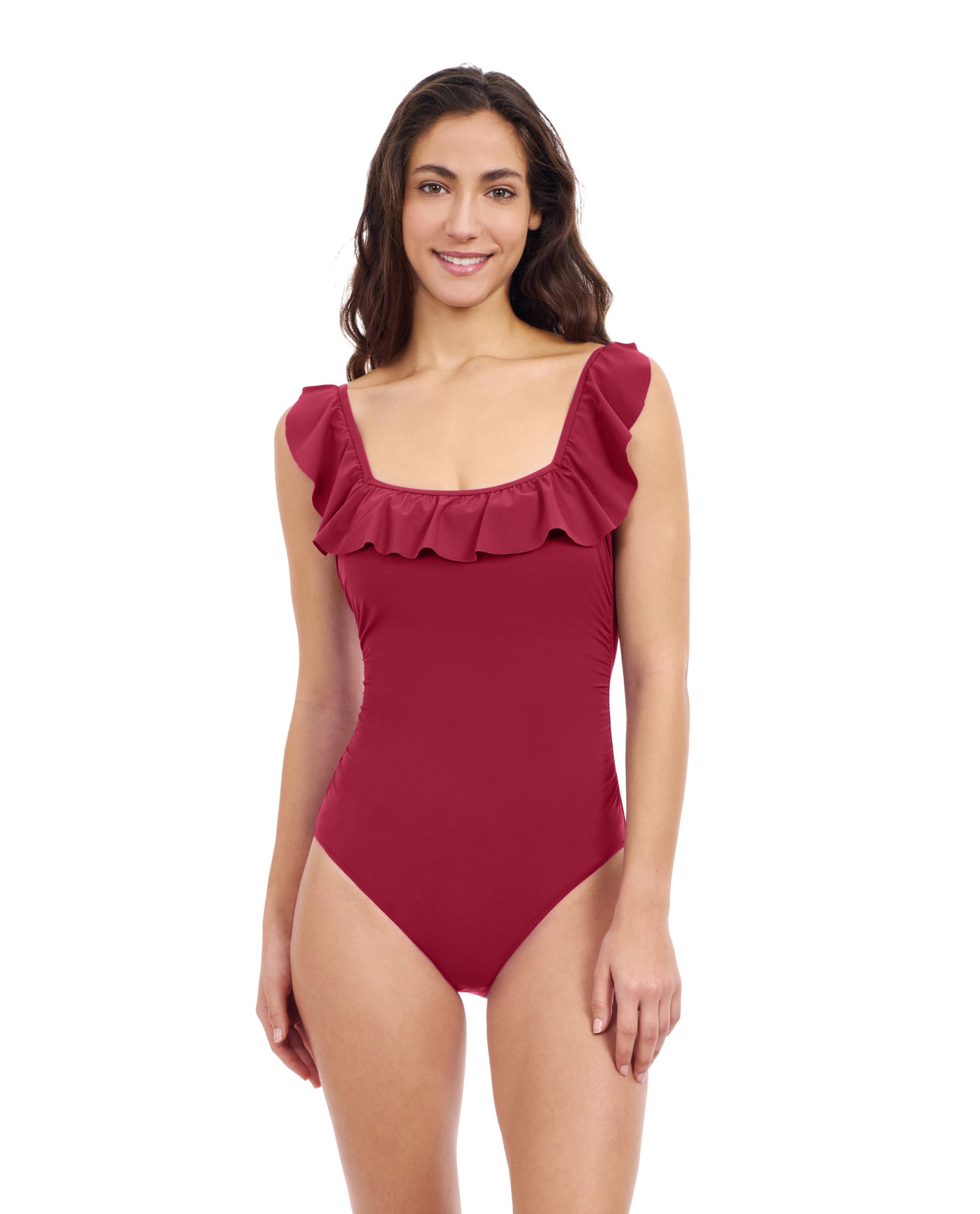 Front View Of Profile By Gottex Tutti Frutti Square Neck Ruffle One Piece Swimsuit | Profile Tutti Frutti Rose Red