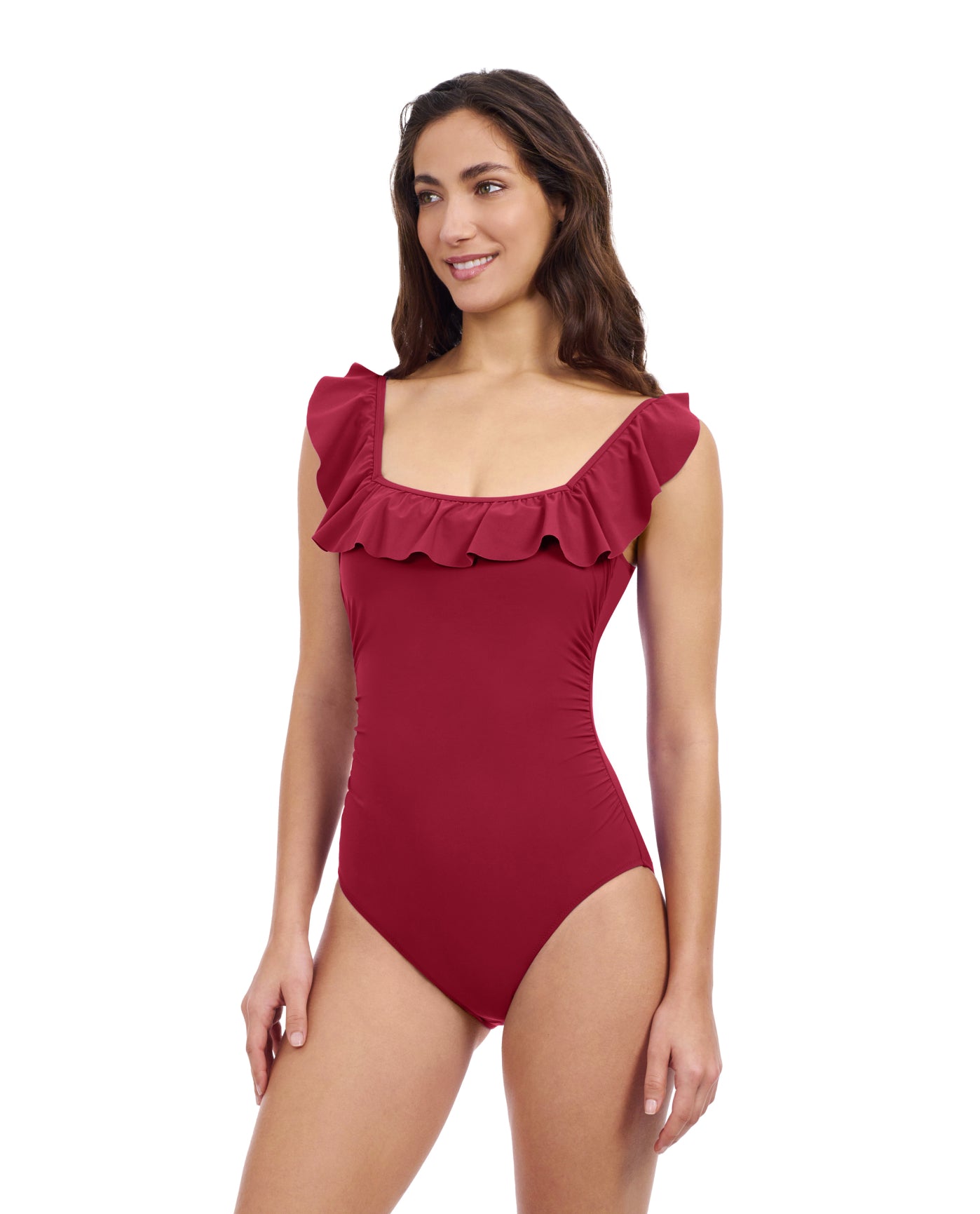 Side View Of Profile By Gottex Tutti Frutti Square Neck Ruffle One Piece Swimsuit | Profile Tutti Frutti Rose Red