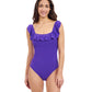 Front View Of Profile By Gottex Tutti Frutti Square Neck Ruffle One Piece Swimsuit | Profile Tutti Frutti Violet