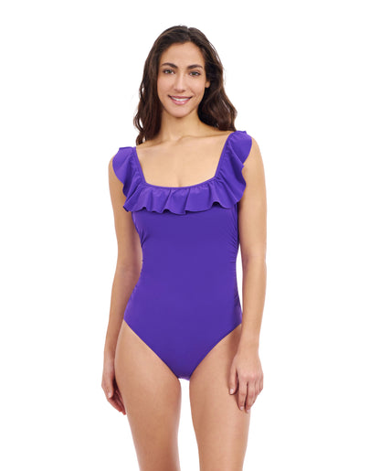 Front View Of Profile By Gottex Tutti Frutti Square Neck Ruffle One Piece Swimsuit | Profile Tutti Frutti Violet