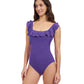 Side View Of Profile By Gottex Tutti Frutti Square Neck Ruffle One Piece Swimsuit | Profile Tutti Frutti Violet