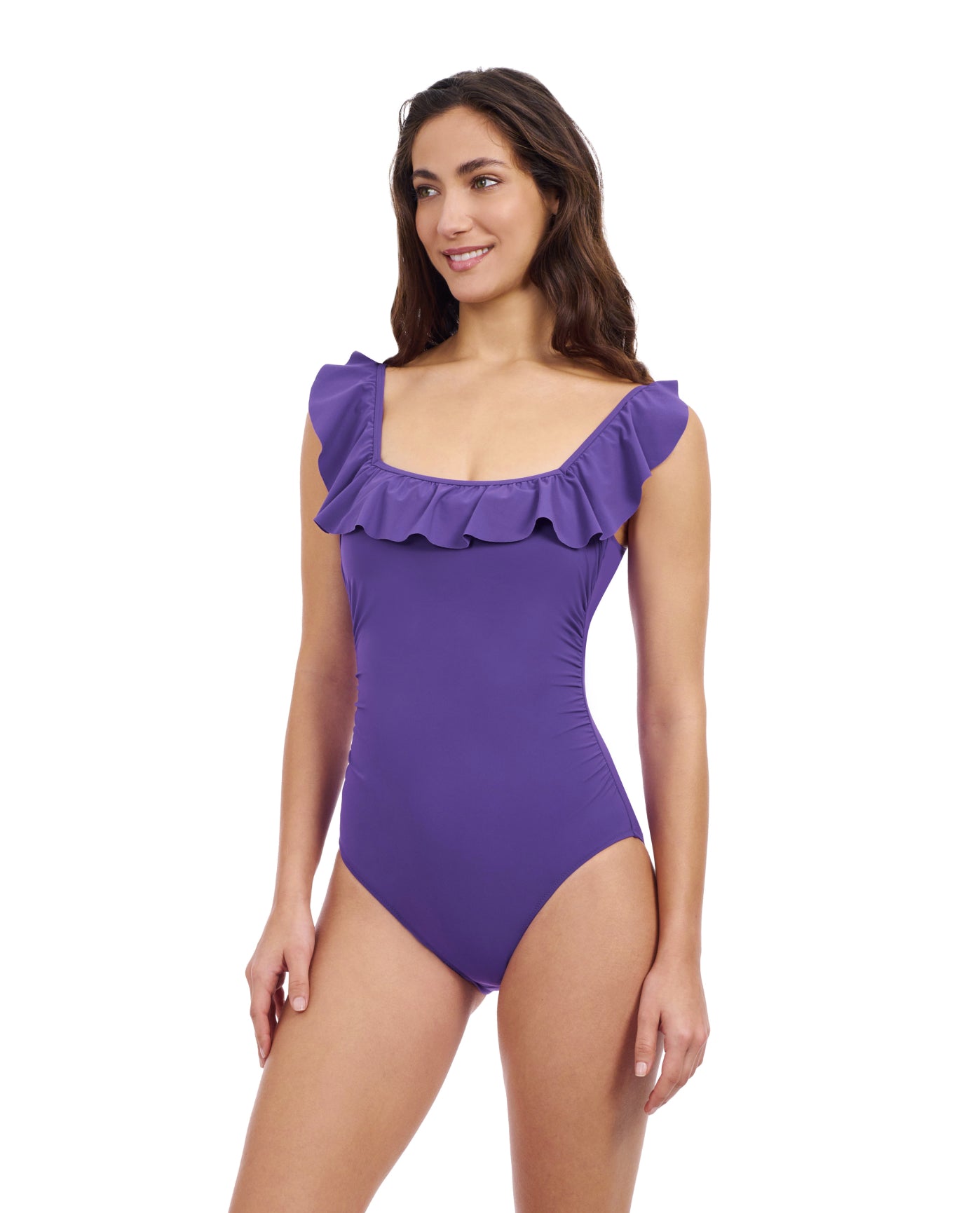 Side View Of Profile By Gottex Tutti Frutti Square Neck Ruffle One Piece Swimsuit | Profile Tutti Frutti Violet