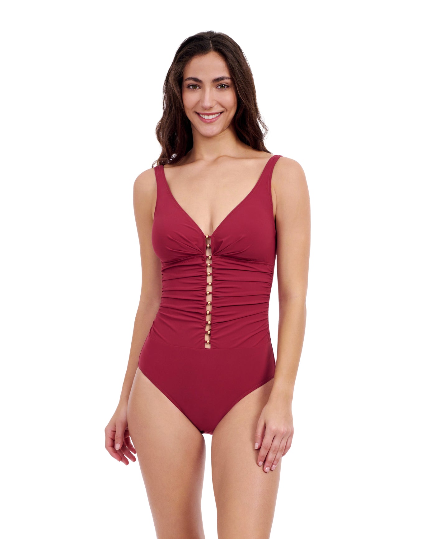 Front View Of Profile By Gottex Tutti Frutti D-Cup V-Neck Gold Beaded One Piece Swimsuit | Profile Tutti Frutti Brick