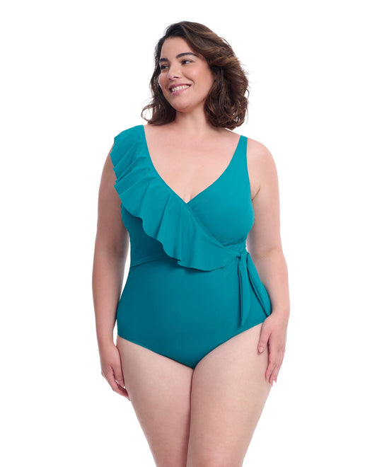 Front View of Profile By Gottex Tutti Frutti Plus Size Asymmetrical Ruffle Surplice One Piece Swimsuit | PROFILE TUTTI FRUTTI JADE