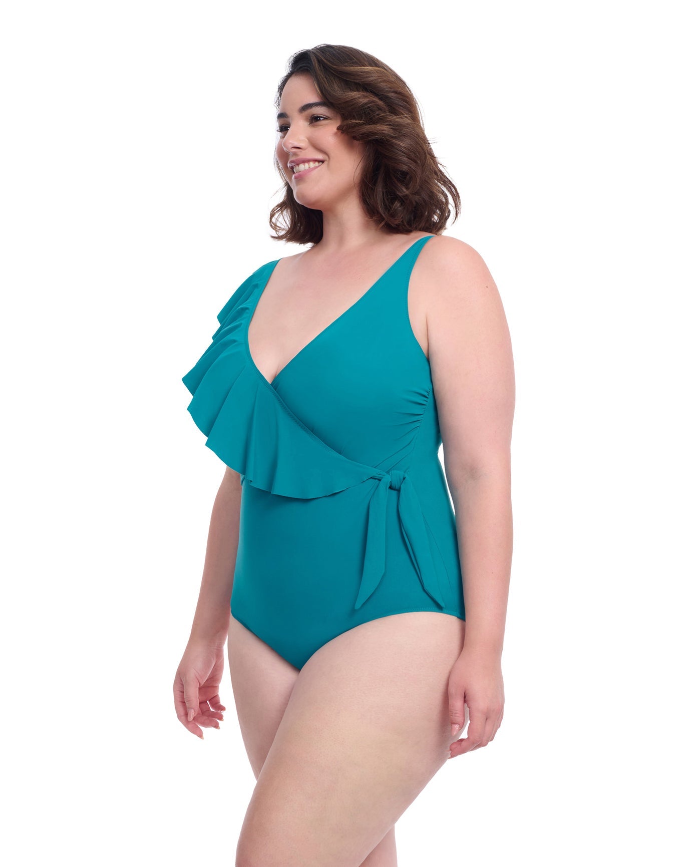 Side View of Profile By Gottex Tutti Frutti Plus Size Asymmetrical Ruffle Surplice One Piece Swimsuit | PROFILE TUTTI FRUTTI JADE