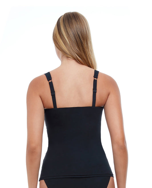 Back View Of Profile By Gottex Tutti Frutti D-Cup Scoop Neck Shirred Underwire Tankini Top | PROFILE TUTTI FRUTTI BLACK