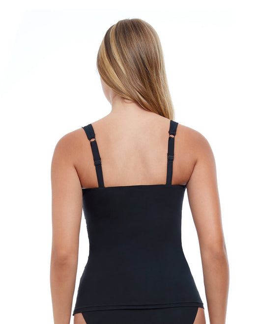 Back View Of Profile By Gottex Tutti Frutti G-Cup Scoop Neck Shirred Underwire Tankini Top | PROFILE TUTTI FRUTTI BLACK