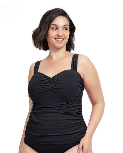 Front View Of Profile By Gottex Tutti Frutti Plus Size Sweetheart Underwire Tankini Top | PROFILE TUTTI FRUTTI BLACK