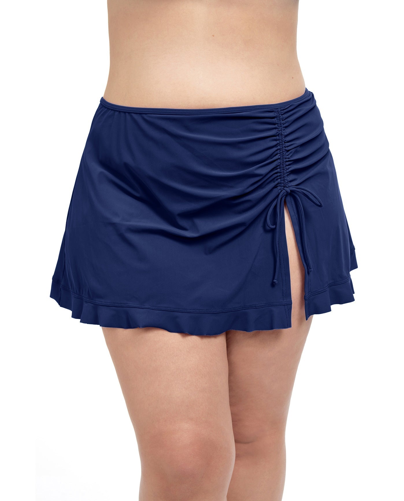 Front View Of Profile By Gottex Tutti Frutti Plus Size Side Slit Cinch Swim Skirt | PROFILE TUTTI FRUTTI NAVY