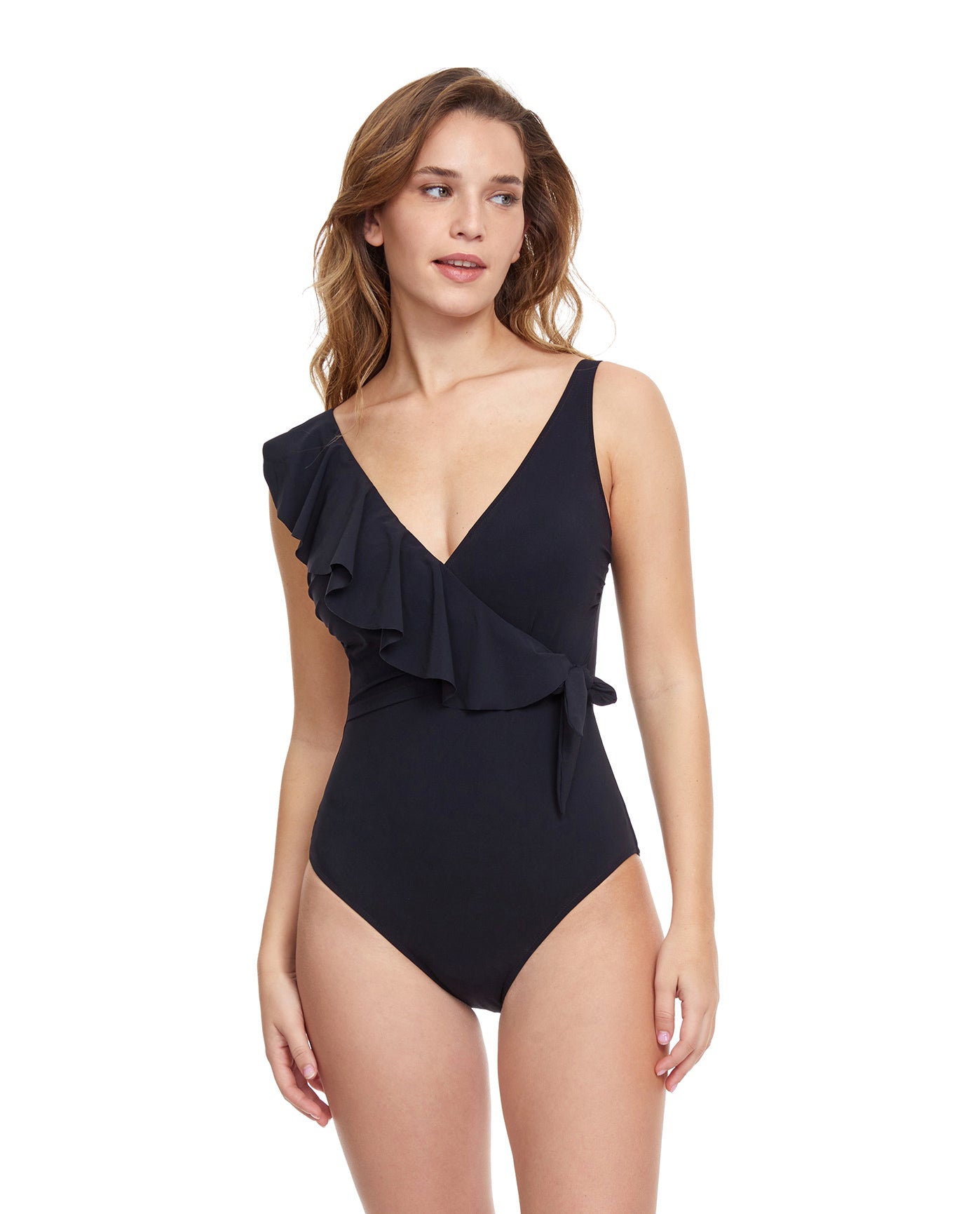 Front View Of Profile By Gottex Tutti Frutti V-Neck Surplice Ruffle One Piece Swimsuit | PROFILE TUTTI FRUTTI BLACK