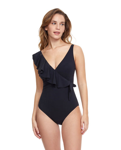 Front View Of Profile By Gottex Tutti Frutti V-Neck Surplice Ruffle One Piece Swimsuit | PROFILE TUTTI FRUTTI BLACK