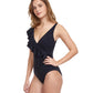 Side View Of Profile By Gottex Tutti Frutti V-Neck Surplice Ruffle One Piece Swimsuit | PROFILE TUTTI FRUTTI BLACK