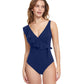 Front View Of Profile By Gottex Tutti Frutti V-Neck Surplice Ruffle One Piece Swimsuit | PROFILE TUTTI FRUTTI NAVY