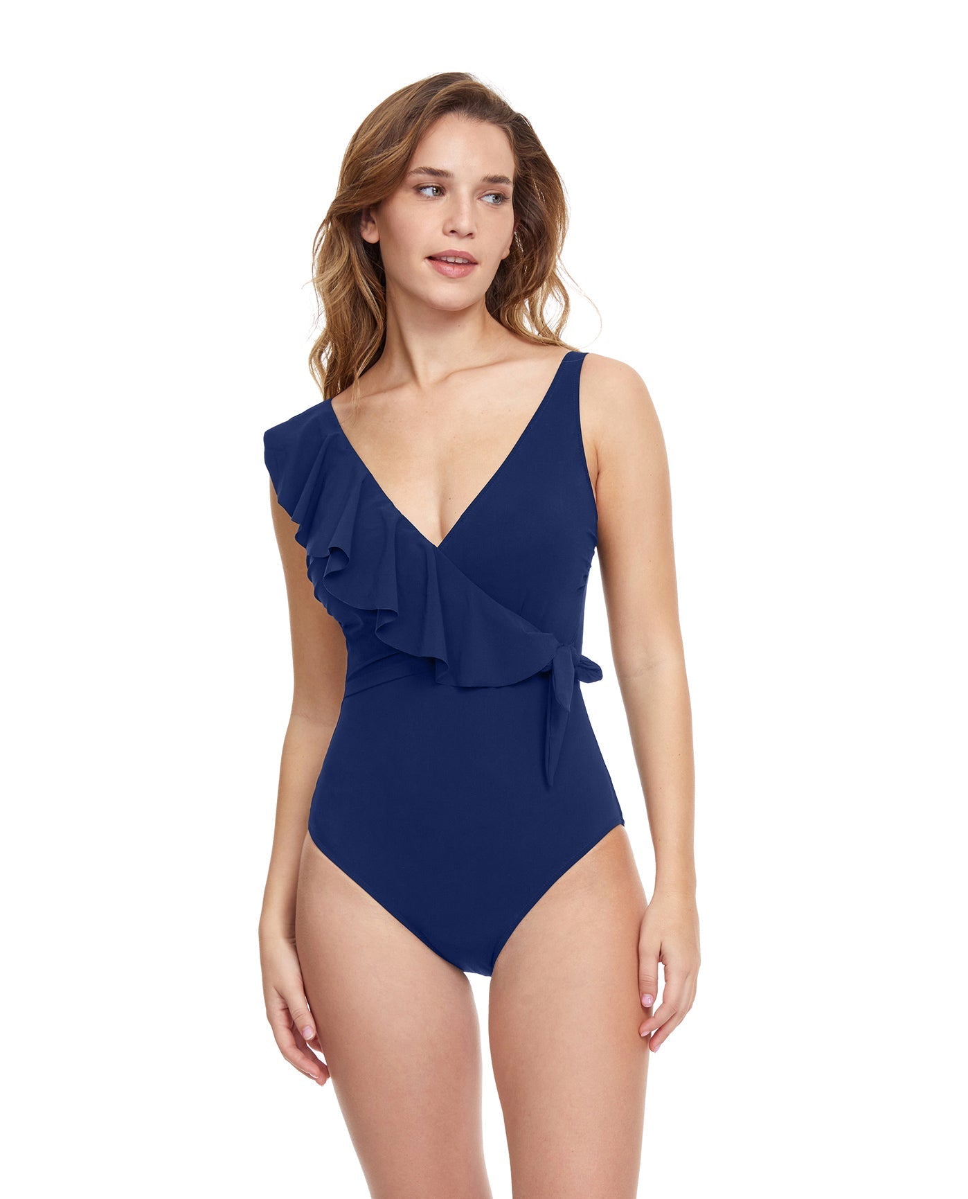 Front View Of Profile By Gottex Tutti Frutti V-Neck Surplice Ruffle One Piece Swimsuit | PROFILE TUTTI FRUTTI NAVY