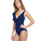 Side View Of Profile By Gottex Tutti Frutti V-Neck Surplice Ruffle One Piece Swimsuit | PROFILE TUTTI FRUTTI NAVY