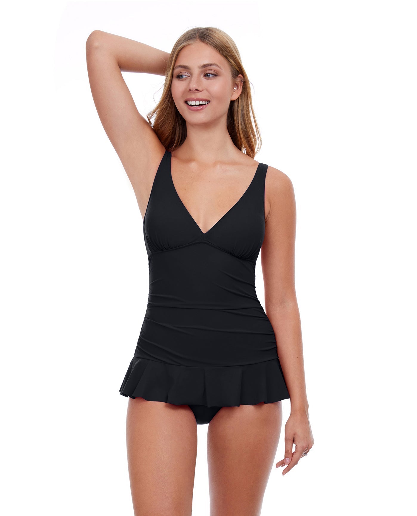 Front View Of Profile By Gottex Tutti Frutti D-Cup V-Neck Peplum One Piece Swimsuit | PROFILE TUTTI FRUTTI BLACK