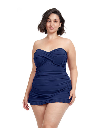 Front View Of Profile By Gottex Tutti Frutti Plus Size Cross Over Bandeau Strapless Swimdress | PROFILE TUTTI FRUTTI NAVY