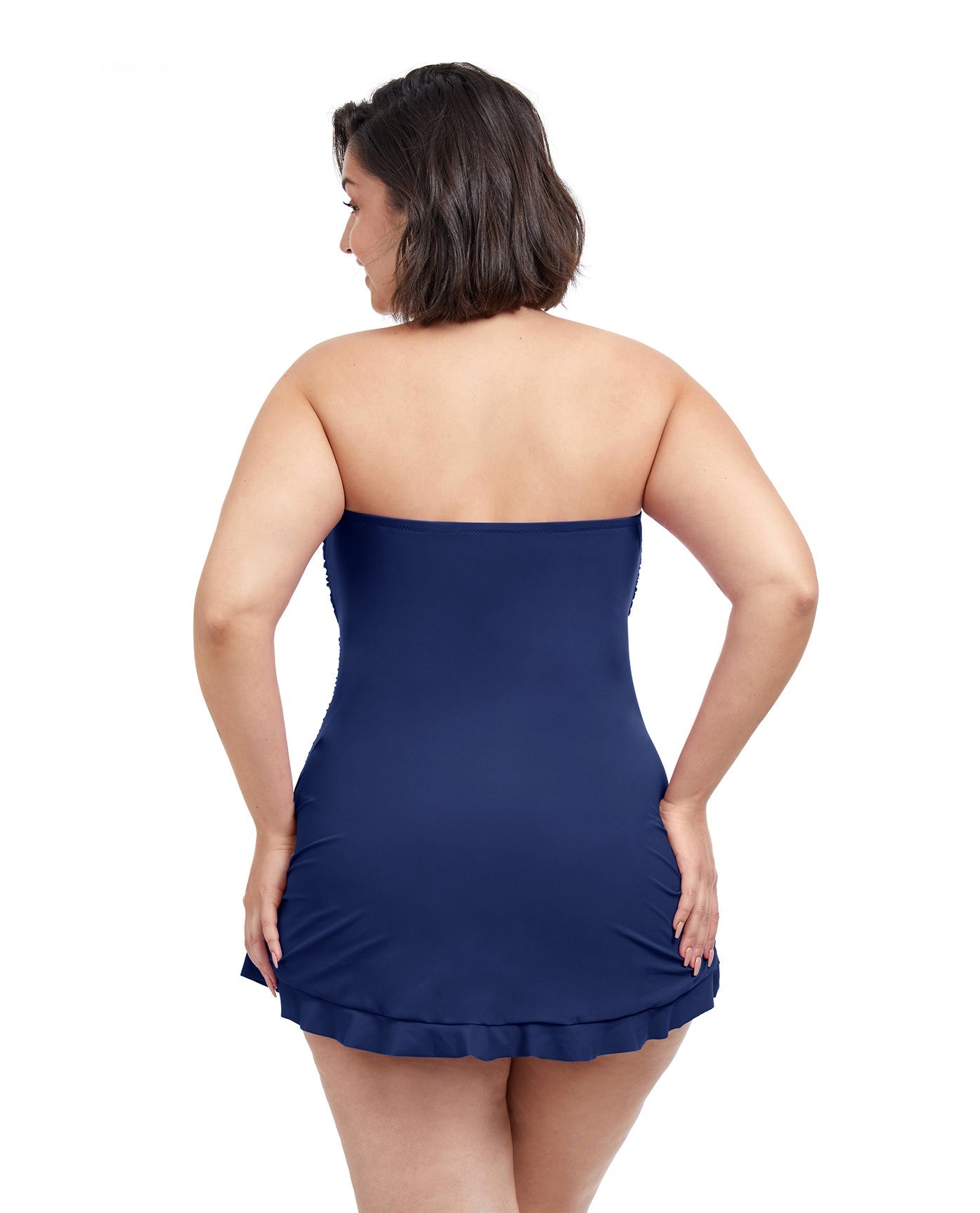 Back View Of Profile By Gottex Tutti Frutti Plus Size Cross Over Bandeau Strapless Swimdress | PROFILE TUTTI FRUTTI NAVY