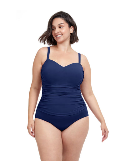 Front View Of Profile By Gottex Tutti Frutti Plus Size Scoop Neck Shirred Underwire One Piece Swimsuit | PROFILE TUTTI FRUTTI NAVY