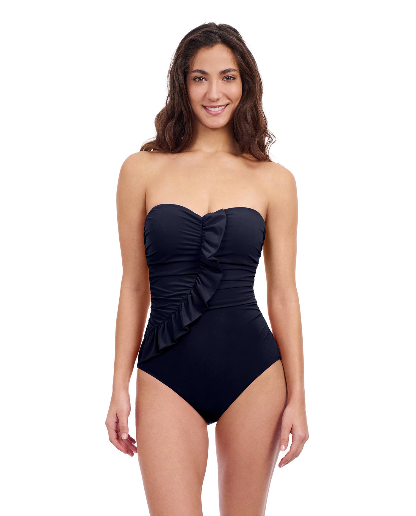 Front View of Profile By Gottex Tutti Frutti Bandeau Ruffle One Piece Swimsuit | PROFILE TUTTI FRUTTI BLACK