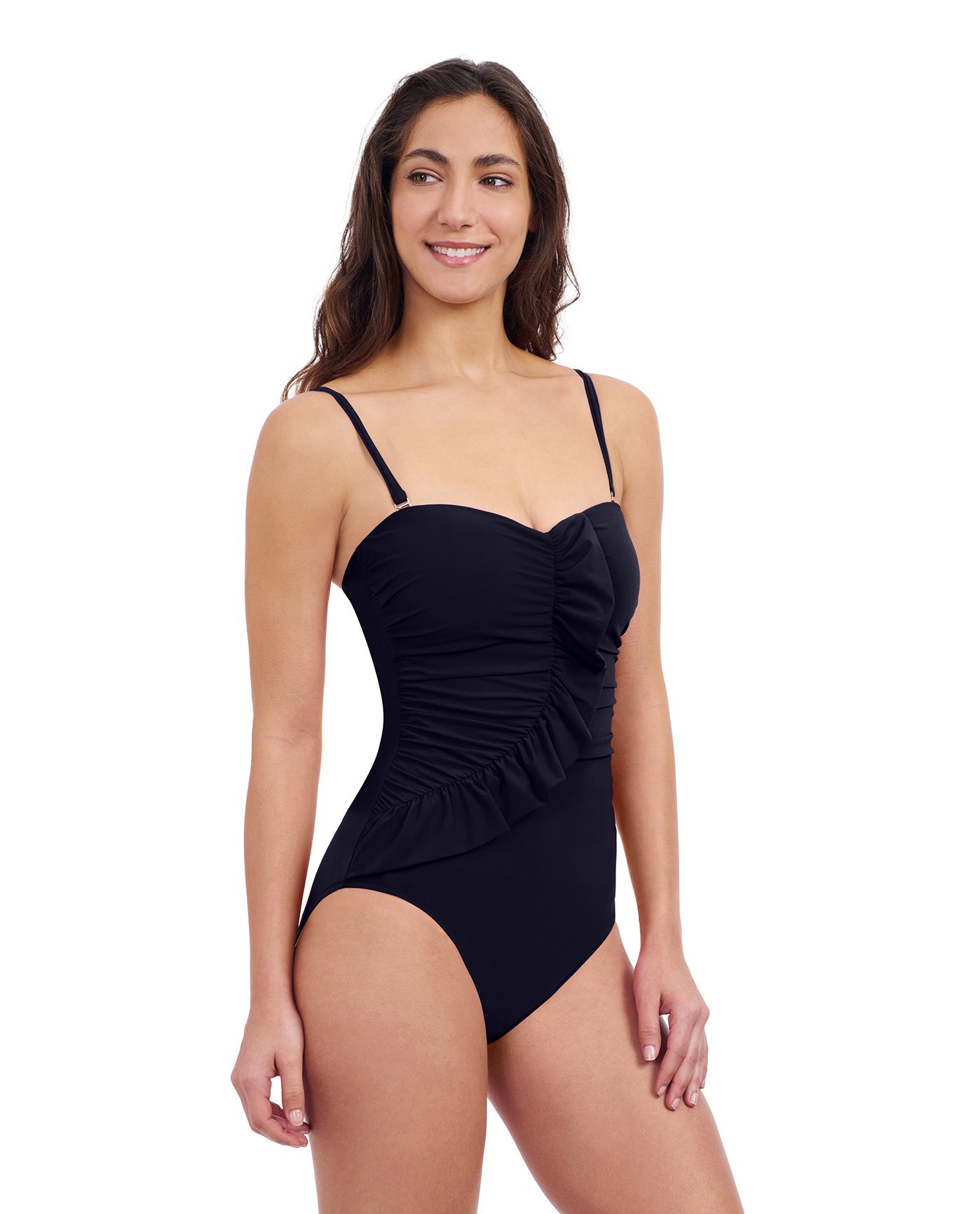 Side View of Profile By Gottex Tutti Frutti Bandeau Ruffle One Piece Swimsuit | PROFILE TUTTI FRUTTI BLACK