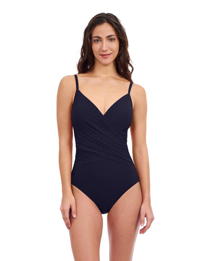 Front View of Profile By Gottex Tutti Frutti V-Neck Surplice One Piece Swimsuit | PROFILE TUTTI FRUTTI BLACK