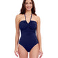 Front View of Profile By Gottex Tutti Frutti Bandeau One Piece Swimsuit | PROFILE TUTTI FRUTTI NAVY