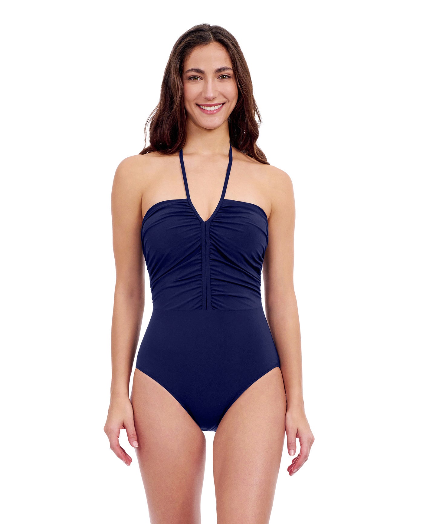 Front View of Profile By Gottex Tutti Frutti Bandeau One Piece Swimsuit | PROFILE TUTTI FRUTTI NAVY