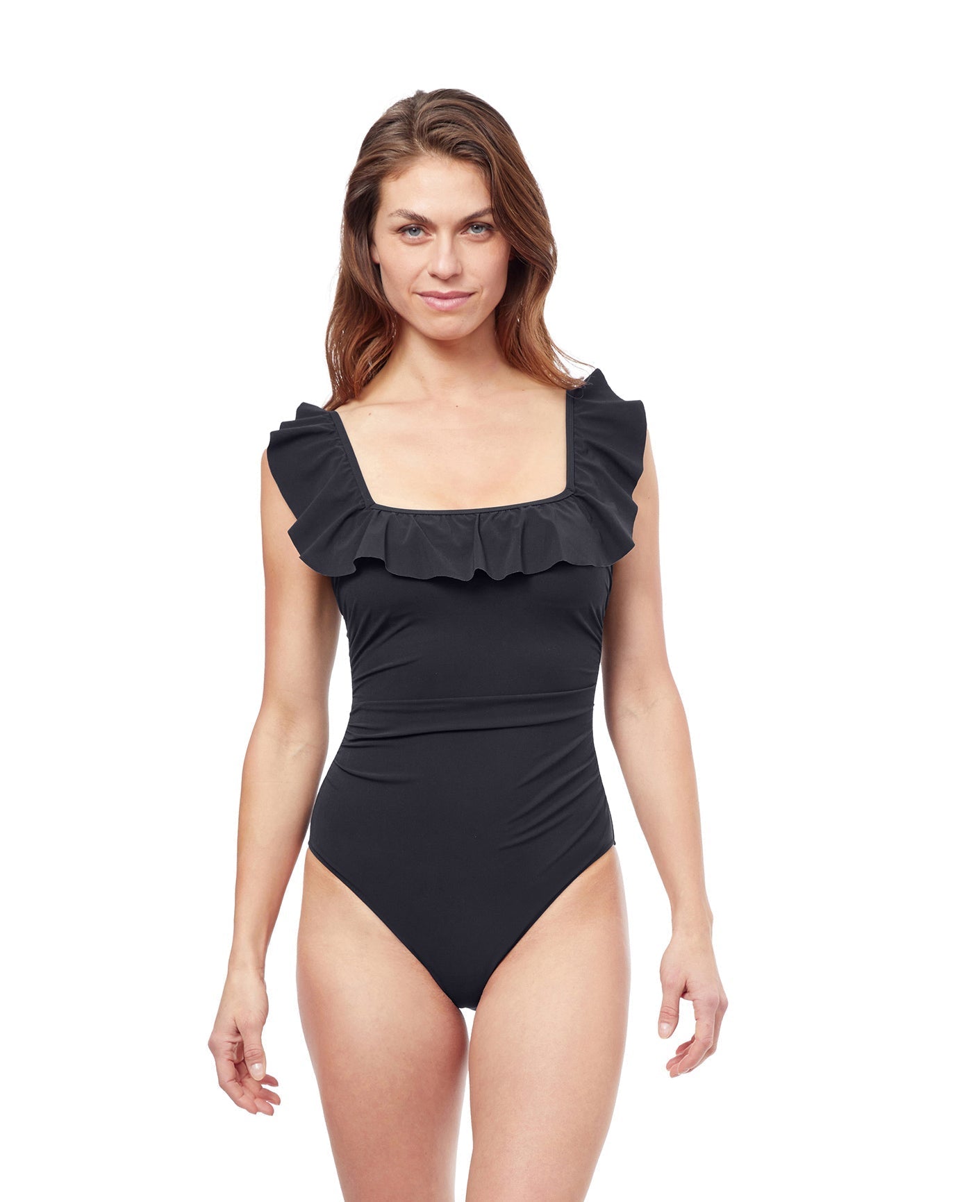 Front View Of Profile By Gottex Tutti Frutti Square Neck Ruffle One Piece Swimsuit | PROFILE TUTTI FRUTTI BLACK