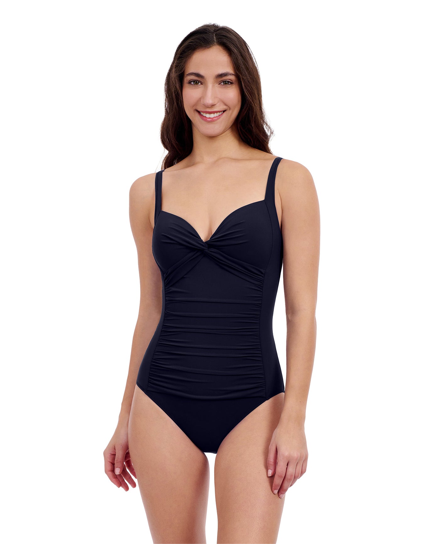 Front View of Profile By Gottex Tutti Frutti Sweetheart Twist Front One Piece Swimsuit | PROFILE TUTTI FRUTTI BLACK