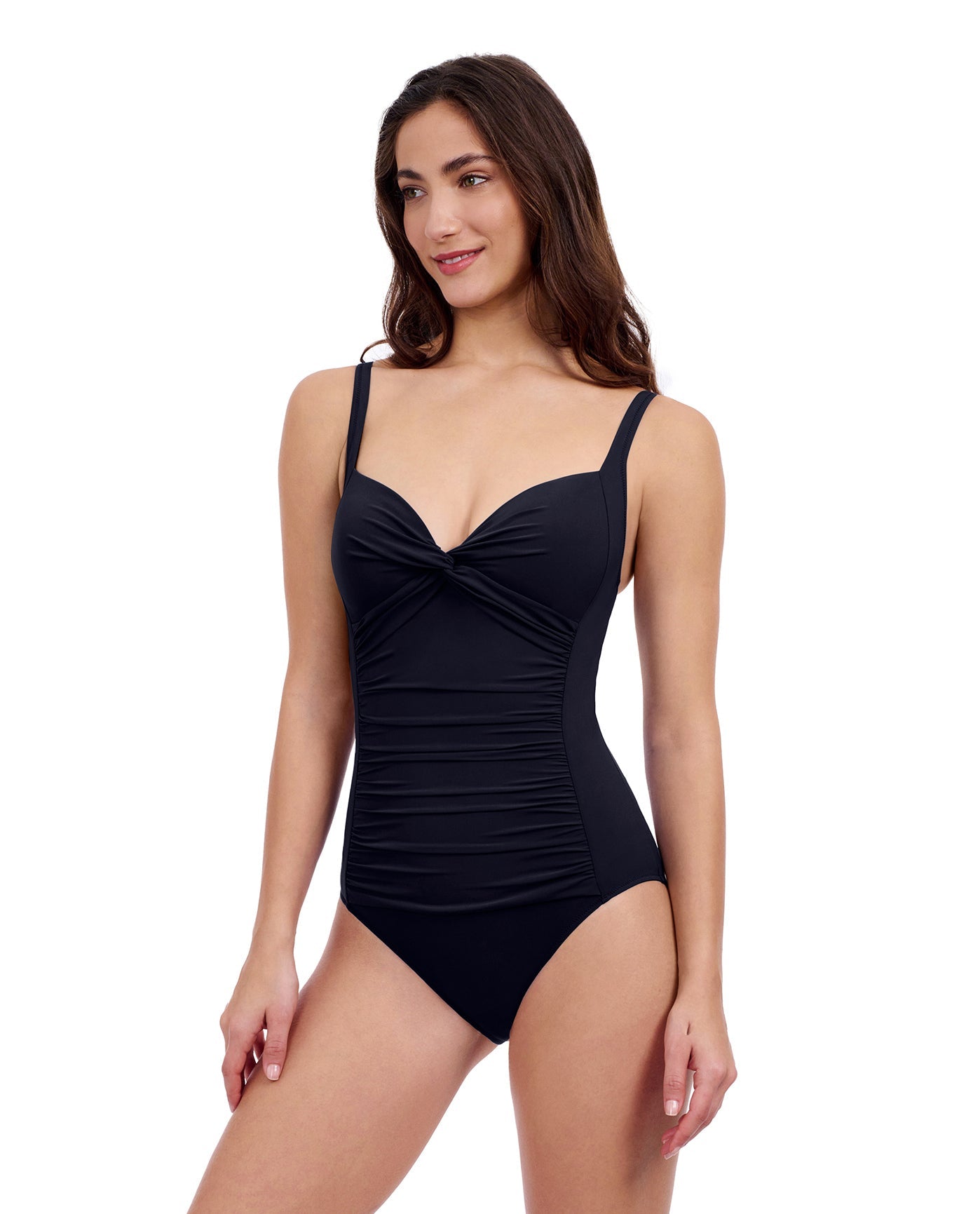 Side View of Profile By Gottex Tutti Frutti Sweetheart Twist Front One Piece Swimsuit | PROFILE TUTTI FRUTTI BLACK