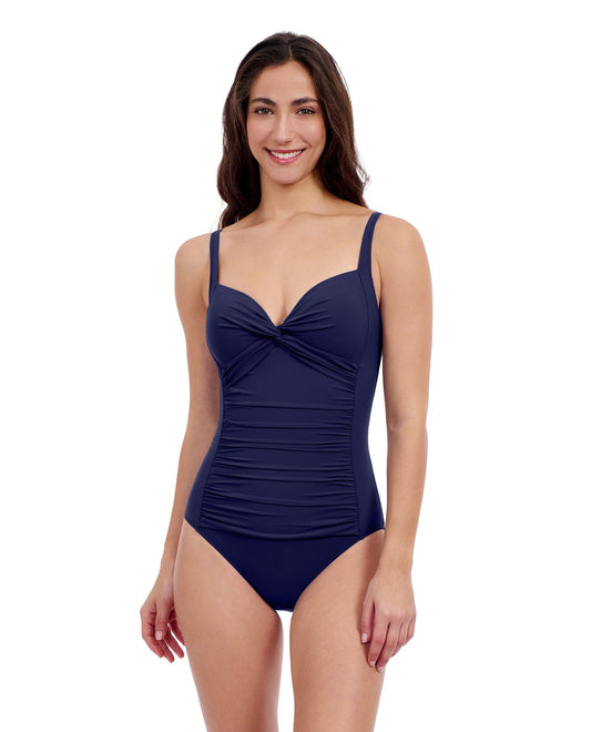 Front View of Profile By Gottex Tutti Frutti Sweetheart Twist Front One Piece Swimsuit | PROFILE TUTTI FRUTTI NAVY