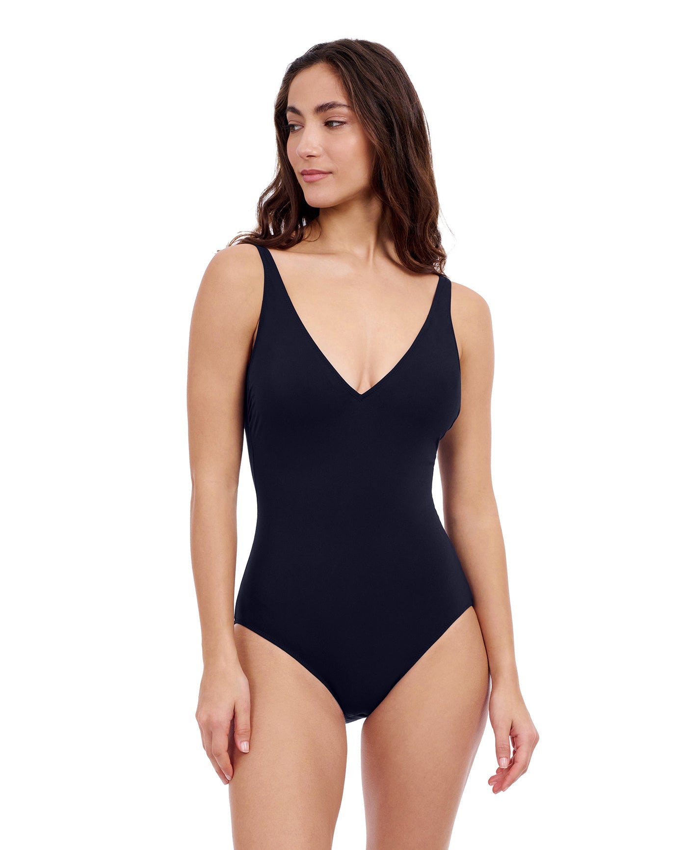 Front View of Profile By Gottex Tutti Frutti V-Neck One Piece Swimsuit | PROFILE TUTTI FRUTTI BLACK