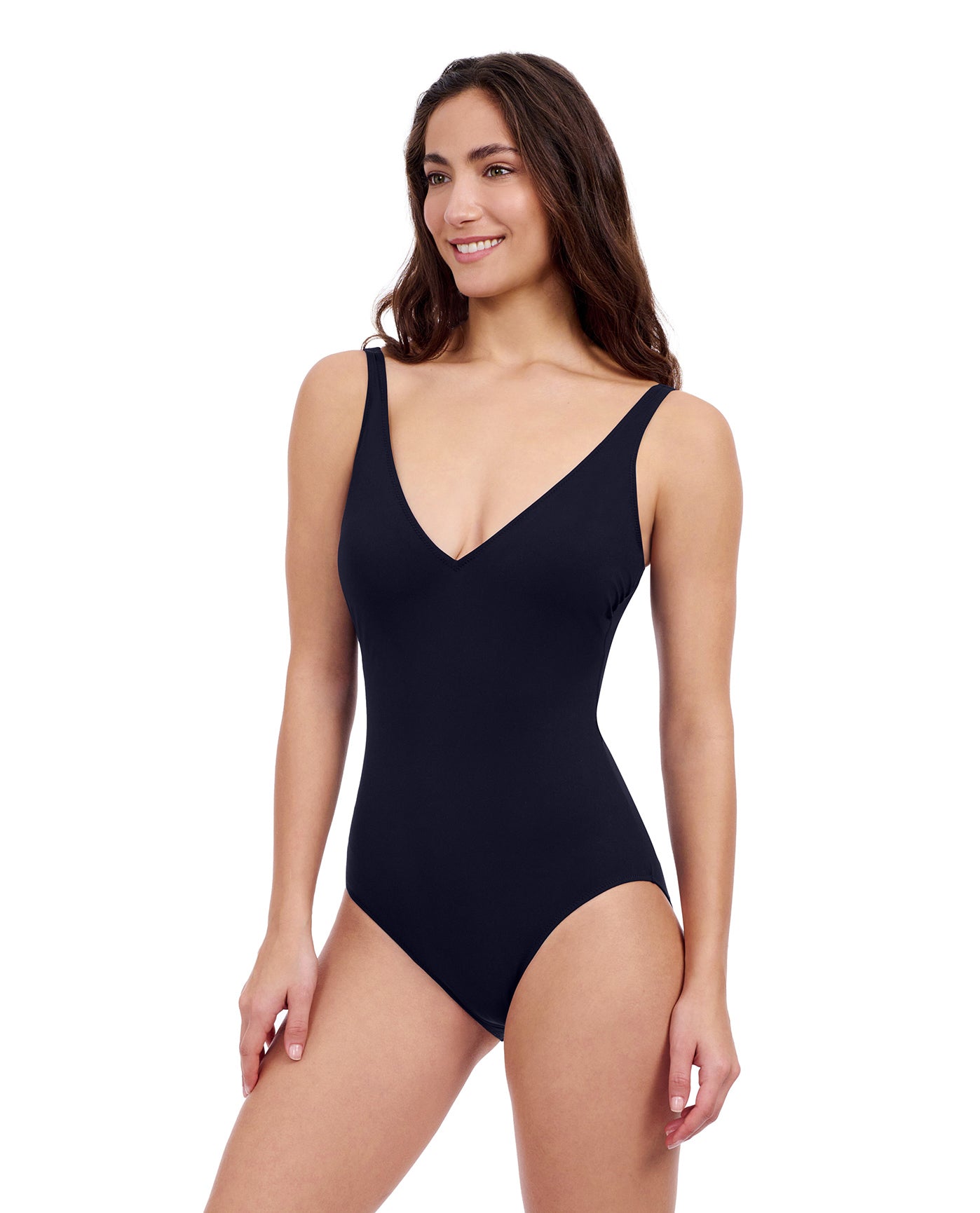 Side View of Profile By Gottex Tutti Frutti V-Neck One Piece Swimsuit | PROFILE TUTTI FRUTTI BLACK