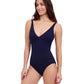 Side View of Profile By Gottex Tutti Frutti V-Neck One Piece Swimsuit | PROFILE TUTTI FRUTTI NAVY