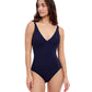 Front View of Profile By Gottex Tutti Frutti V-Neck One Piece Swimsuit | PROFILE TUTTI FRUTTI NAVY