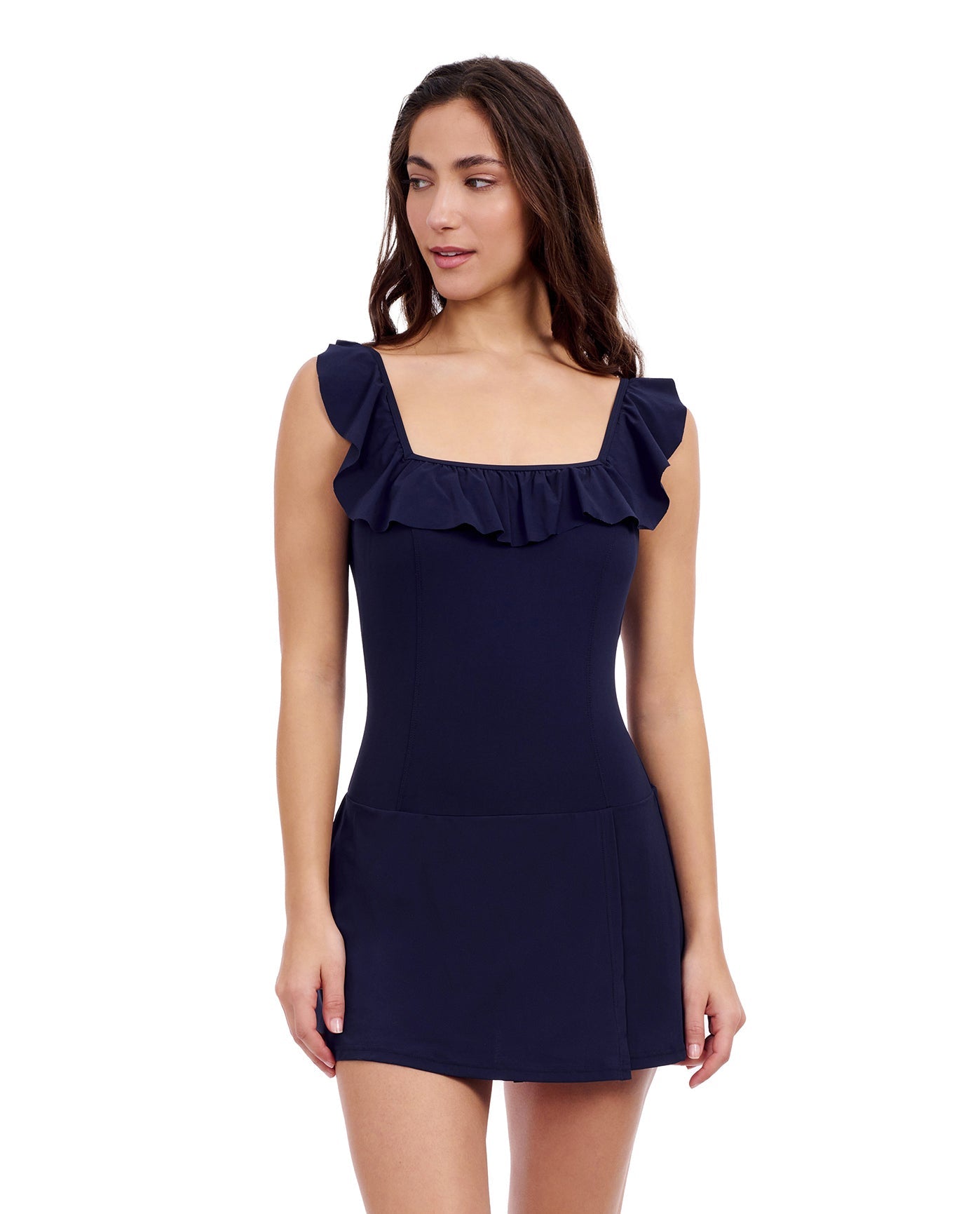 Front View of Profile By Gottex Tutti Frutti Square Neck Ruffle Swimdress | PROFILE TUTTI FRUTTI NAVY