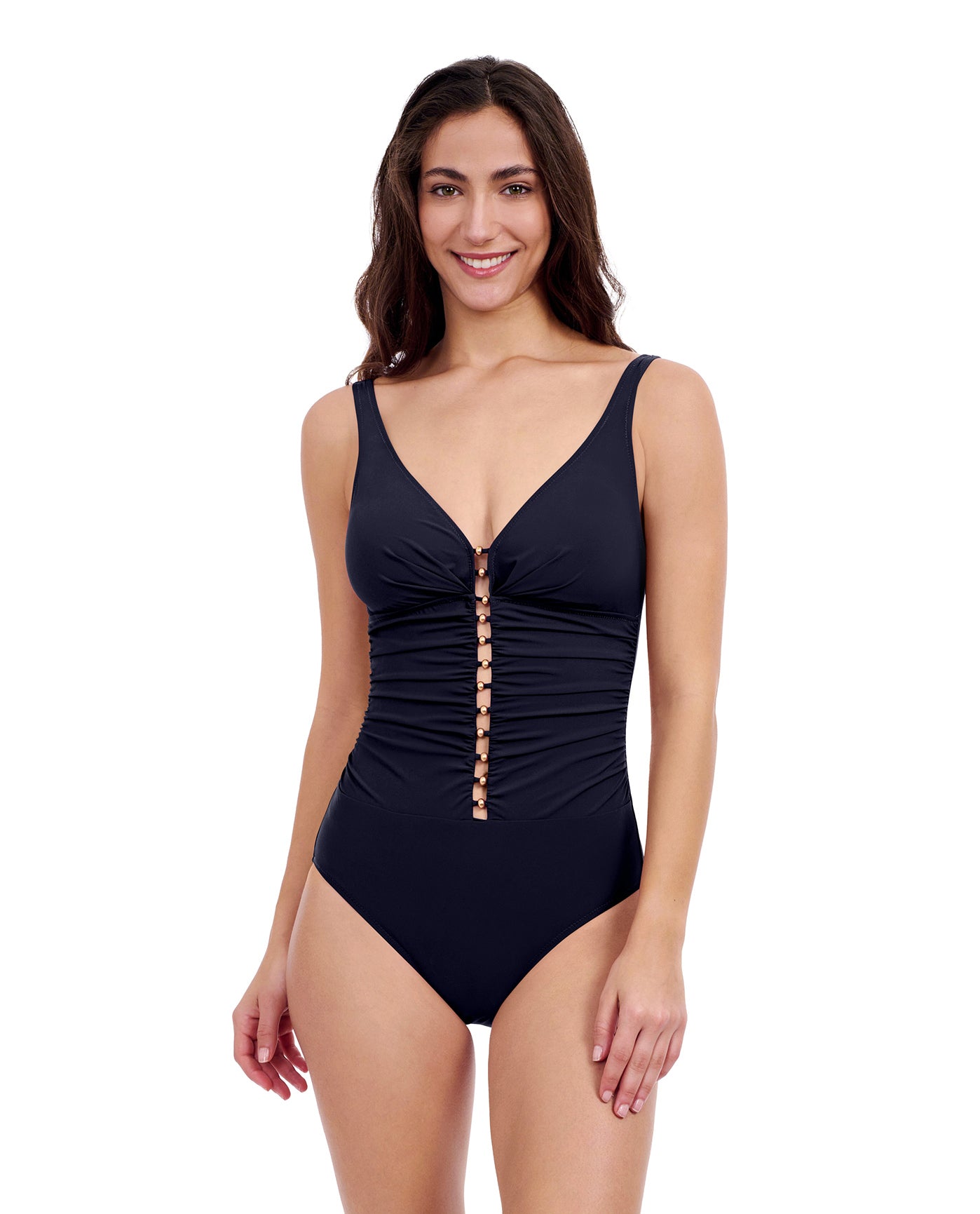 Front View of Profile By Gottex Tutti Frutti V-Neck Gold Beaded One Piece Swimsuit | PROFILE TUTTI FRUTTI BLACK