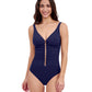 Front View of Profile By Gottex Tutti Frutti V-Neck Gold Beaded One Piece Swimsuit | PROFILE TUTTI FRUTTI NAVY