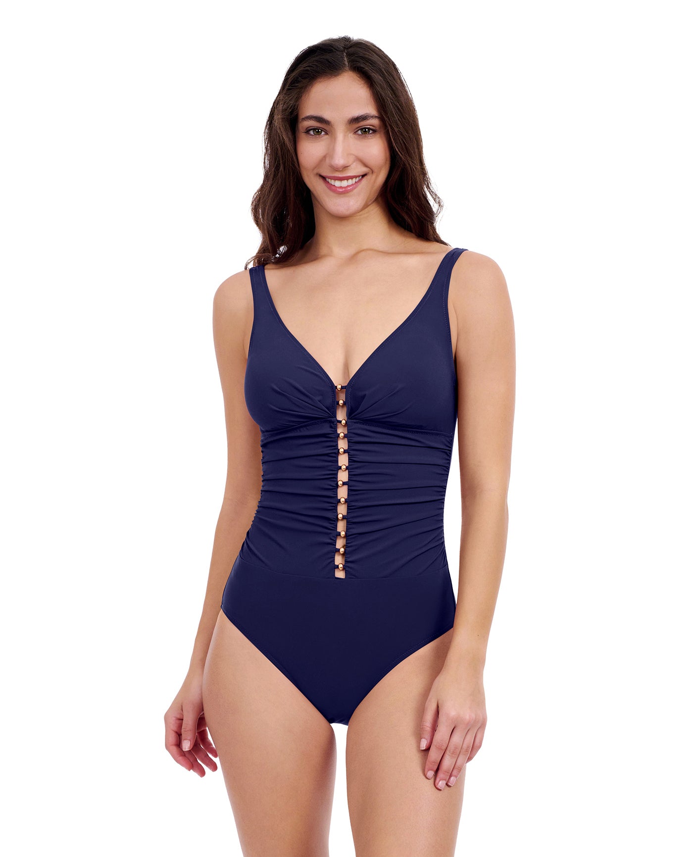 Front View of Profile By Gottex Tutti Frutti V-Neck Gold Beaded One Piece Swimsuit | PROFILE TUTTI FRUTTI NAVY