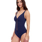 Side View of Profile By Gottex Tutti Frutti V-Neck Gold Beaded One Piece Swimsuit | PROFILE TUTTI FRUTTI NAVY