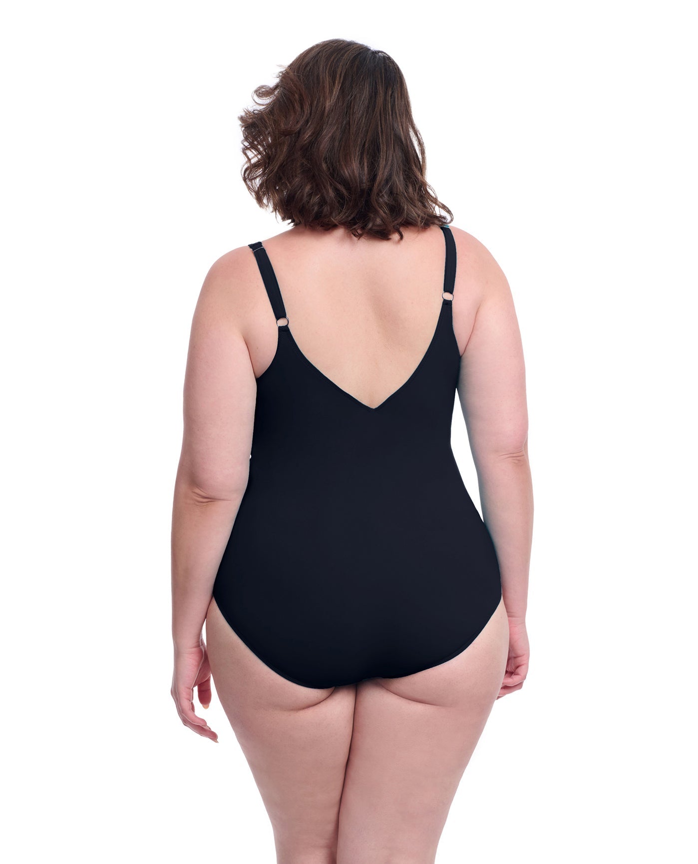 Back View of Profile By Gottex Tutti Frutti Plus Size Asymmetrical Ruffle Surplice One Piece Swimsuit | PROFILE TUTTI FRUTTI BLACK