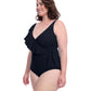 Side View of Profile By Gottex Tutti Frutti Plus Size Asymmetrical Ruffle Surplice One Piece Swimsuit | PROFILE TUTTI FRUTTI BLACK