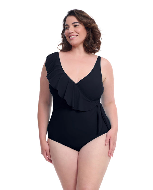 Front View of Profile By Gottex Tutti Frutti Plus Size Asymmetrical Ruffle Surplice One Piece Swimsuit | PROFILE TUTTI FRUTTI BLACK