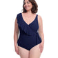 Front View of Profile By Gottex Tutti Frutti Plus Size Asymmetrical Ruffle Surplice One Piece Swimsuit | PROFILE TUTTI FRUTTI NAVY