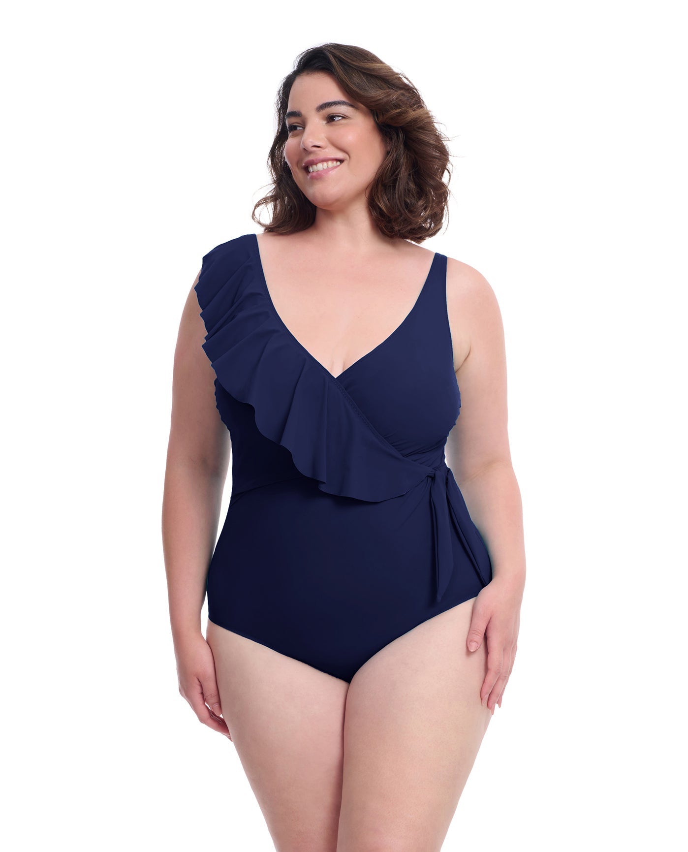 Front View of Profile By Gottex Tutti Frutti Plus Size Asymmetrical Ruffle Surplice One Piece Swimsuit | PROFILE TUTTI FRUTTI NAVY