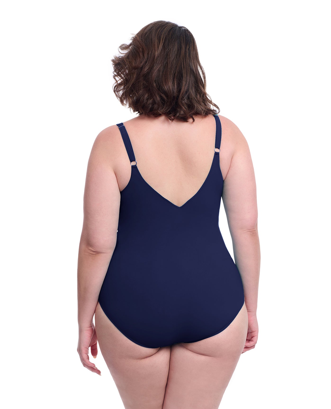 Back View of Profile By Gottex Tutti Frutti Plus Size Asymmetrical Ruffle Surplice One Piece Swimsuit | PROFILE TUTTI FRUTTI NAVY