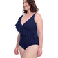 Side View of Profile By Gottex Tutti Frutti Plus Size Asymmetrical Ruffle Surplice One Piece Swimsuit | PROFILE TUTTI FRUTTI NAVY